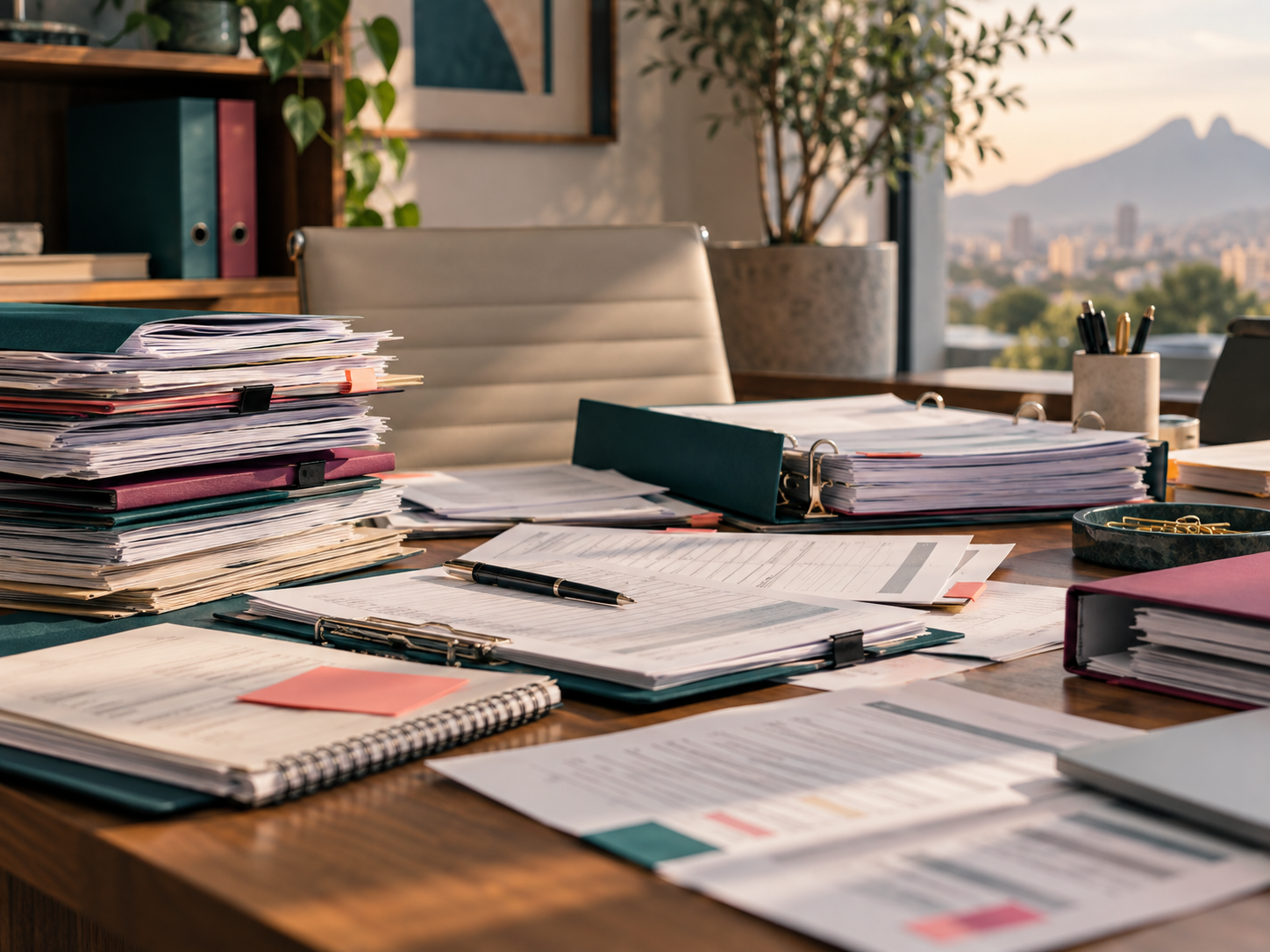 Documentación regulatoria dispersa sobre un escritorio